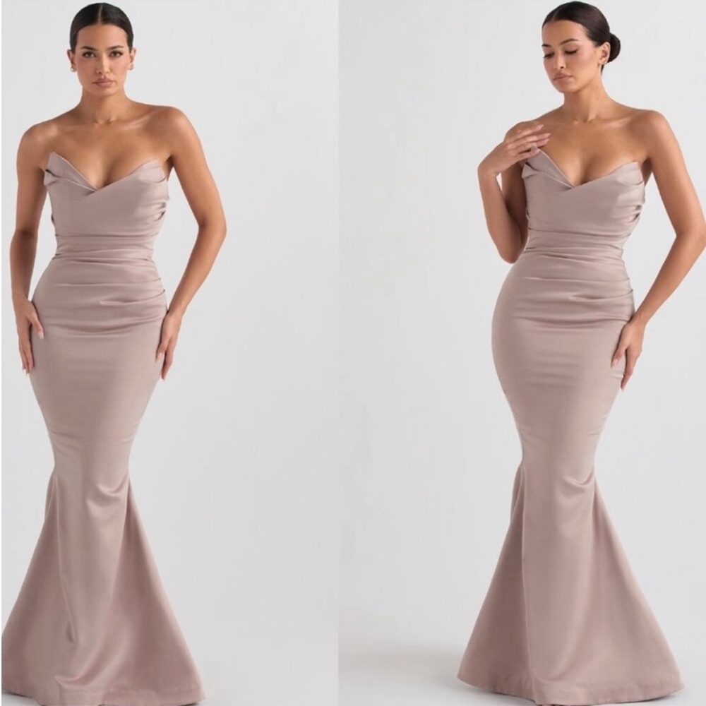 HOUSE OF CB 'Fleur' Mushroom Satin Strapless Gown NWOT